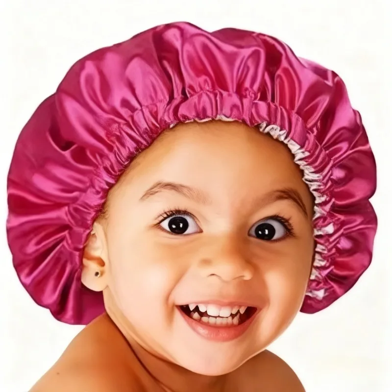 

Kids Satin Sleep Bonnet - Adjustable Drawstring Double Layer Silk Cap for Children - Reversible Night Hair Protection Hat