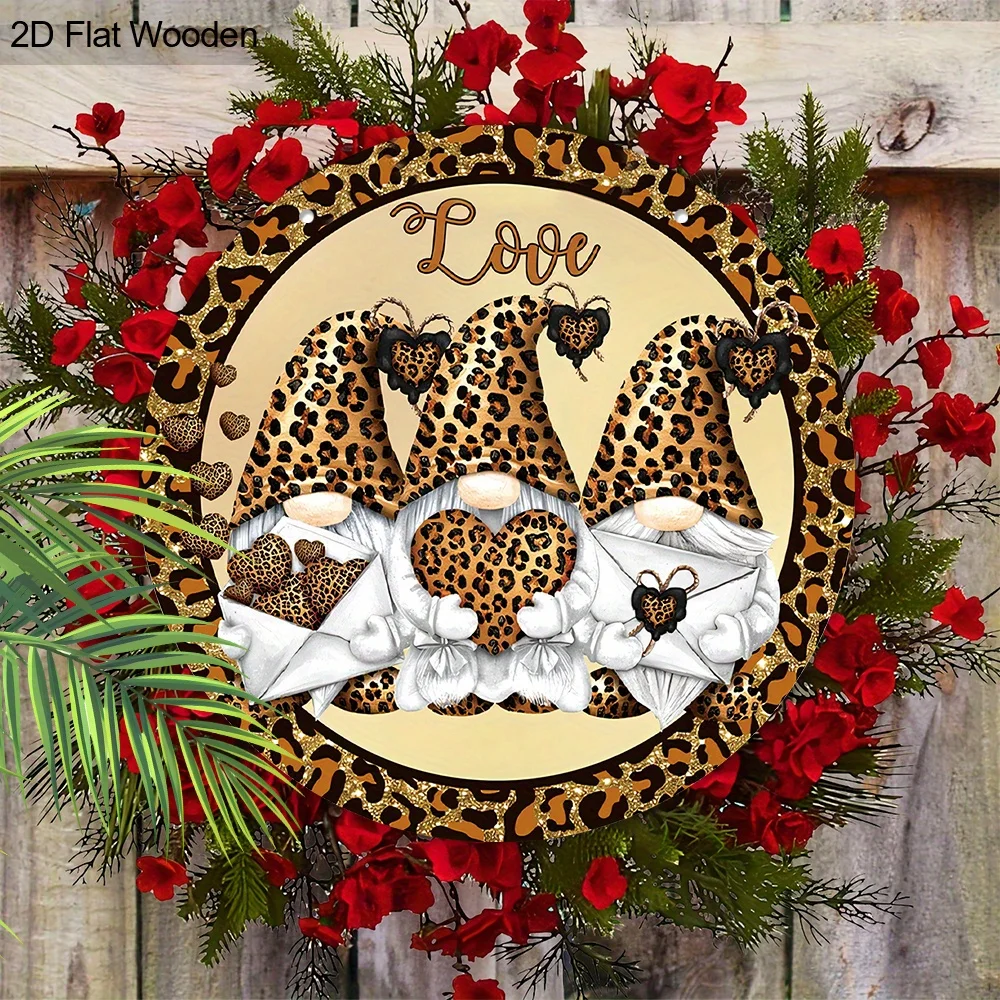 1pc Valentine'S Day Love Gnome Wooden Wreath Sign - Polka Dot Leopard Print Flat Wood Hanging Decor for Home, Garden, Room - No