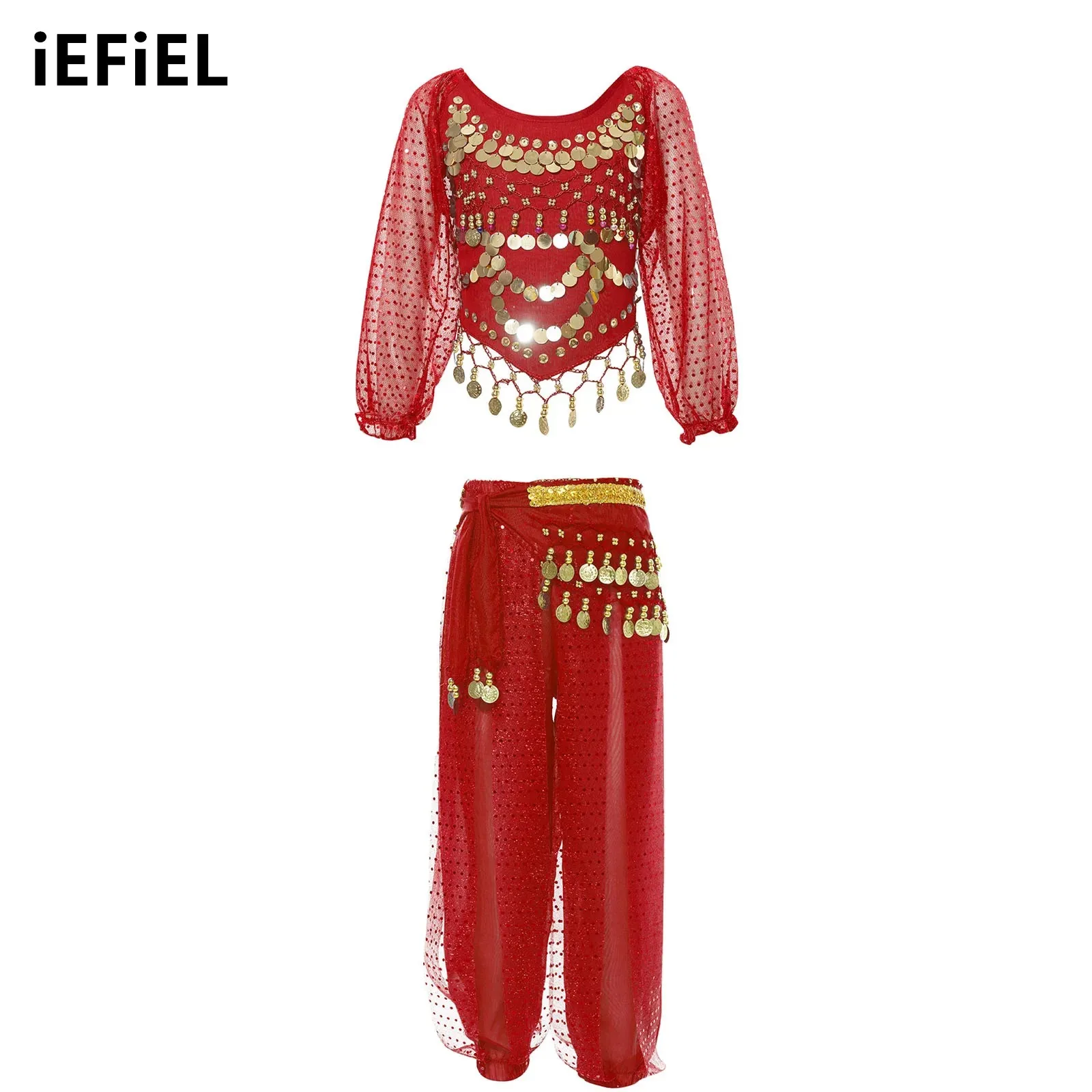 

Kids Girls Belly Dance Outfit Sequin Self-Tie Back Irregular Hem Crop Top with Sequined Dots Pants Tassels Waist Chain Hip Scarf