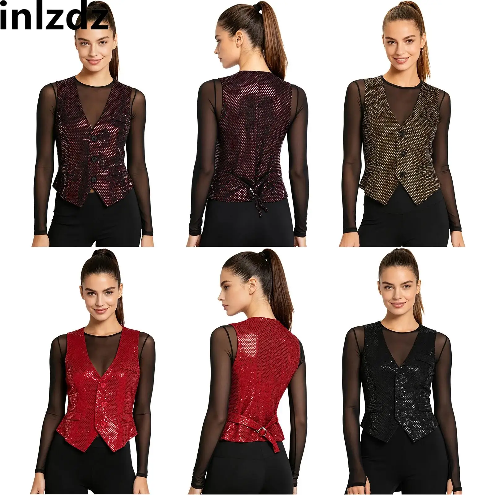 

Women Latin Tango Dance Tank Top Glitter Sequin Blazer Vest V Neck Pointed Hem Button-down Fully Lining Waistcoat Dancewear