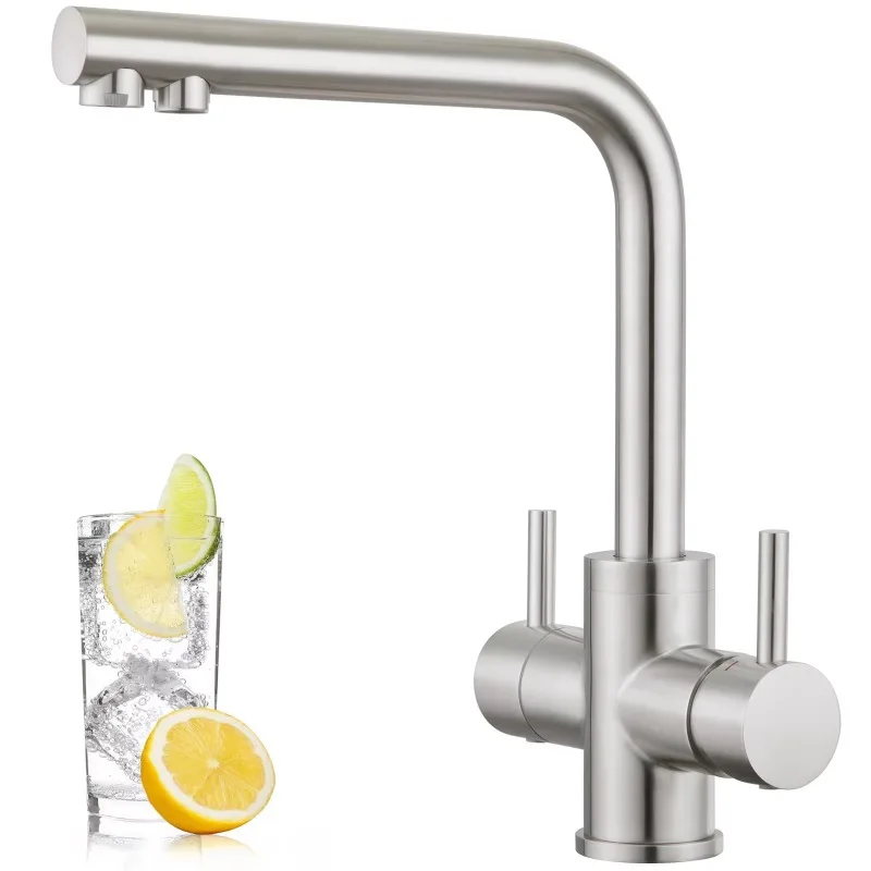 Double Handle Reverse Osmosis Water Filter Stainless Steel Kitchen Faucet with Soda
