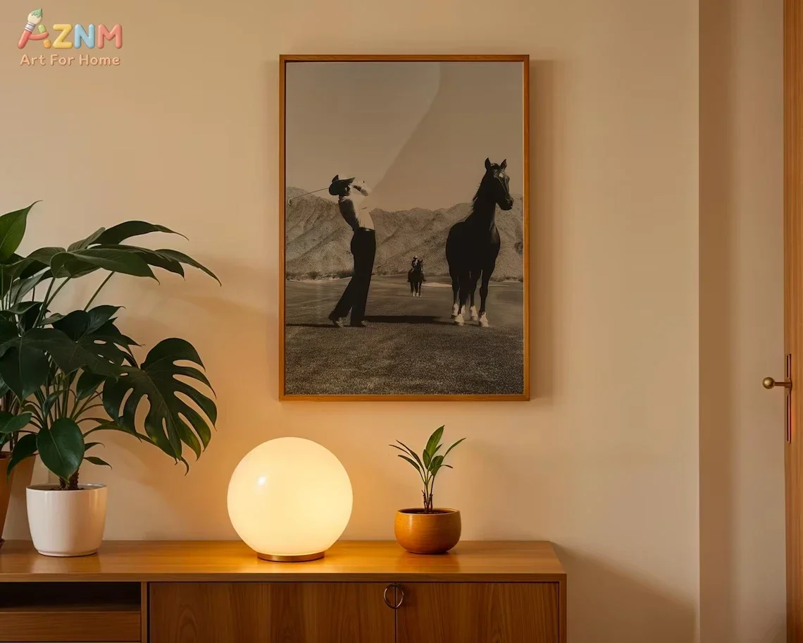 AZNM Black and White Cowboy Golfer Horse Canvas Print, Retro Western Desert Golf Course Unframed Canvas Painting, Trendy Wall Ar