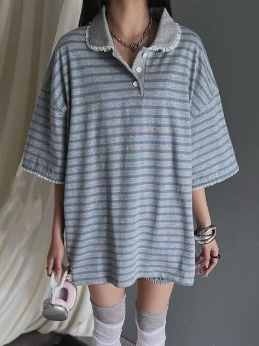 

Свободная женская футболка в полоску в стиле ретро, новинка лета, цветная блузка для колледжа, универсальный топ средней длины, другие материалы...