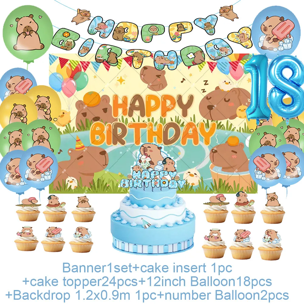 Cute Orange Capybara Theme Happy Birthday Party Decor Animal Balloons Baby Shower Cake Topper Banner Backdrop Supplies Gift Toy