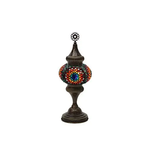 LaModaHome English Moroccan Handmade Mosaic Glass Table Lamp Light with Decorative Dark Polished Copper Fixture for Bedroom, Liv