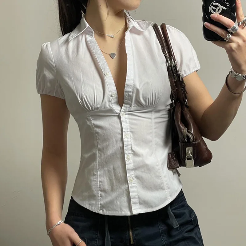 Casual style simple temperament bubble sleeve polo collar shirt female commuter all matching waist slimming breasted top