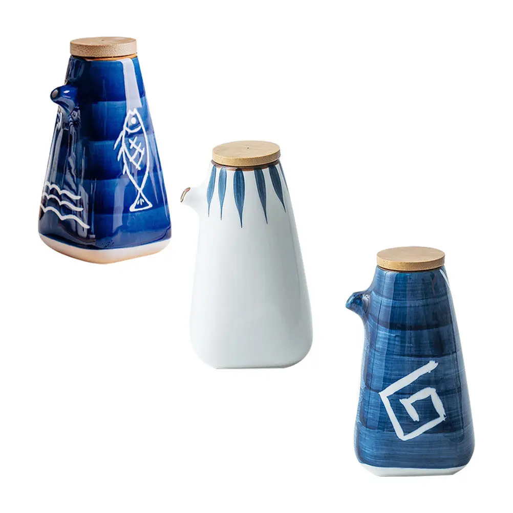 3Pcs Seasoning Bottle Set Hand-Painted Japanese Style Soy Sauce Dispenser Bamboo Lid Oil Vinegar Container Kitchen Tableware