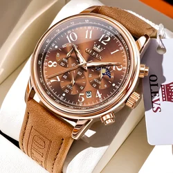 OLEVS Casual Fashion Men's Watches Big Number Dial Multifunctional Chronograph Original Watch for Man Moonphase Leather Strap