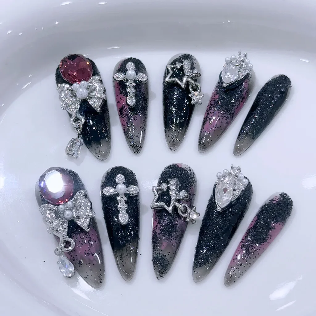 Nicchia di lusso fatta a mano stampa sulle unghie Oblivion Dark Spice Girls unghie finte fiocco stella croce diamante viola punta lunga nail art