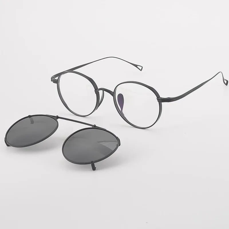 

Vintage Titanium Eyeglasses with Clip on Polarized Sunglasses for Men Women Retro Round Glasses Frame Handmade Trendy Eyewear