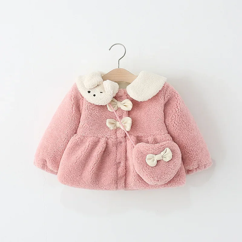 

2025 New Girls Clothes Winter 1-5Y Children Coat Warm Thick Fleece Princess Jacket with Bowknot Bear Pattern and Heart Bag