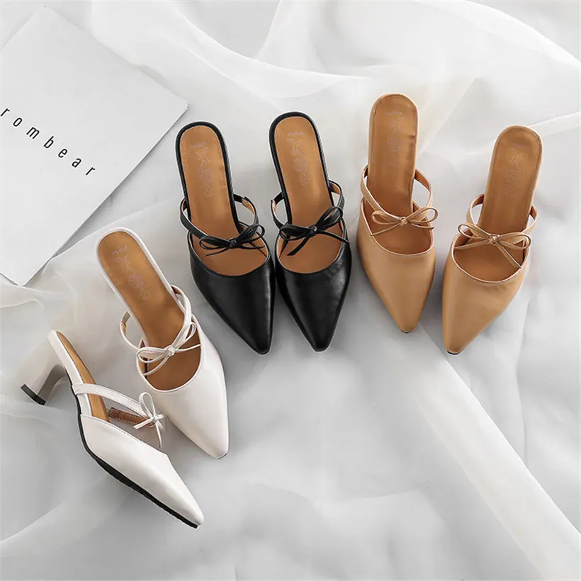 Sweet Women Mules Black Beige Pumps Chunky Kitten High Heel Pointed Toe Slippers Casual Summer Cross Strap Bowtie Ladies Sandals