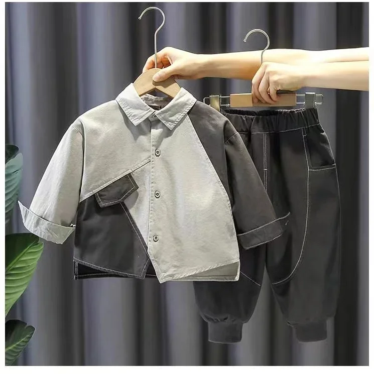 

2024 boys Fashion Clothing Set patchwork shirts+casual Pants,Kids Spring Autumn Elegant 2pieces Suits Children Clothes 4-14age