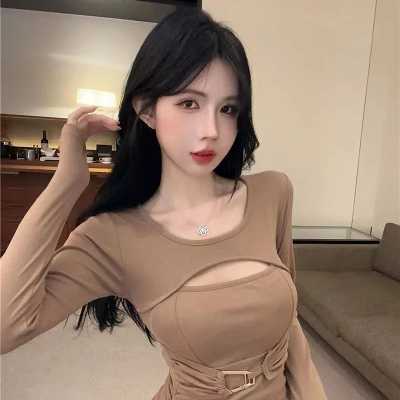 Vestidos de manga larga para mujer vestido de fiesta de noche elegante otoño Modal Beige ahumado fruncido cintura ajustada medio cuello alto minimalista