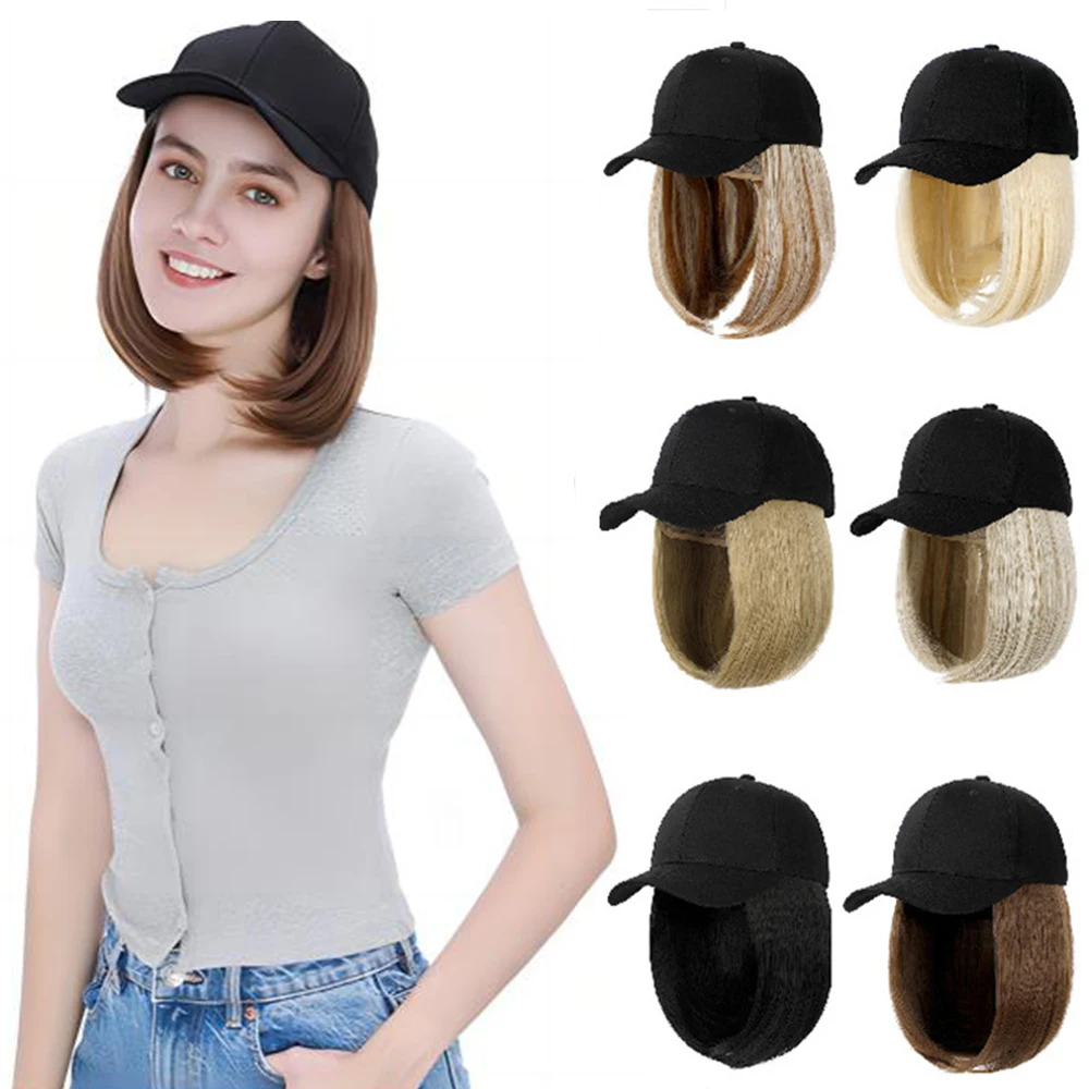 Black Baseball Cap with Hair Extensions Synthetic Straight Short Bob Hairstyle Adjustable Hat Wig for Women Girl Ash Blonde