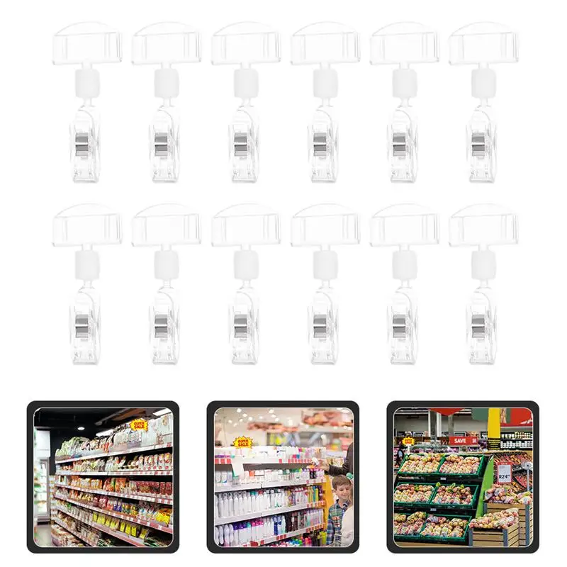 12pcs Clear Sign Clips Merchandise Rotatable Stand Price Display Rack Price Label Clips Holders for Retail Baskets Transparent