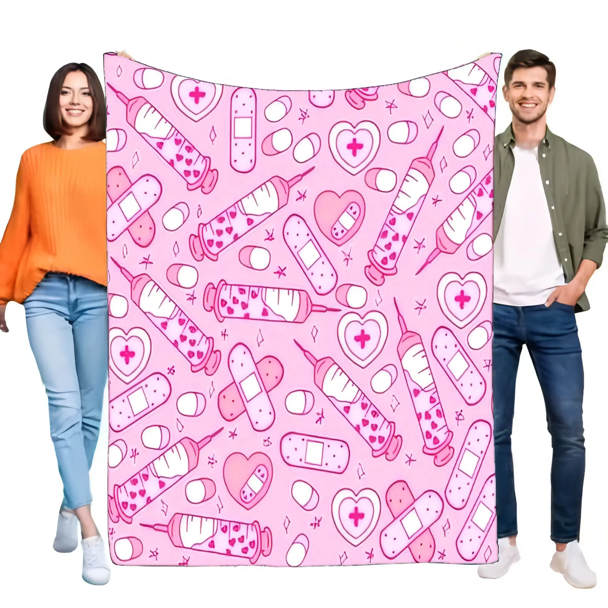 Kawaii rosa Krankenschwester-Medizinspritze, Herz-Pflaster-Aufdruck, weiche, warme, gemütliche Fleece-Überwurfdecke für Bett, Sofa, Couch, Krankenhausstudenten