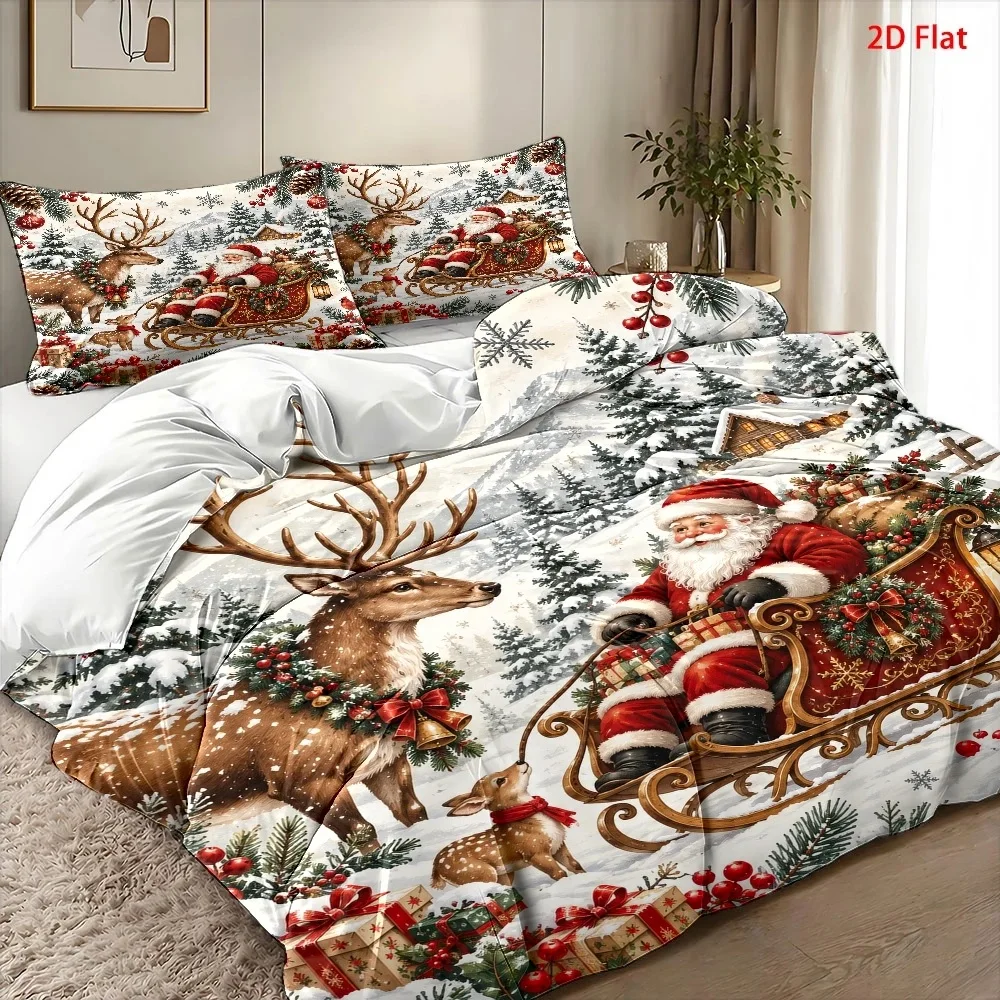 Santa Claus and Reindeer Snow Night Theme Three-Piece Bedding Set (1*Duvet Cover + 2*Pillowcases), Festive Party Atmosphere Decoration, Suitable for All Seasons, Machine Washable, Invisible Zipper Design, Large Double Bed Cover Set, Suitable for Home, Dormitory, Master Bedroom, Guest Room, Ins-Style Japanese Floral and Animal Pattern Bedding, Specially Designed for Comfort and Skin-Friendly Bedding, Bedroom Decoration and Sleep Essentials, 2D Flat Print