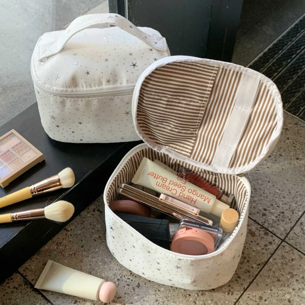 Cute White Star Pattern Handheld Cosmetic Case Multifunctional Ladies Skincare Wash Bag Travel Make Up Storage Case