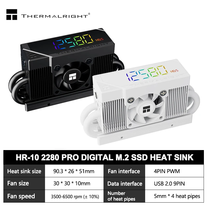 

Thermalright HR-10 2280 PRO Цифровой черный радиатор твердотельного накопителя M.2SSD Радиатор 4X5 мм Поддержка радиатора PCI-E5.0 Вентилятор 30 мм