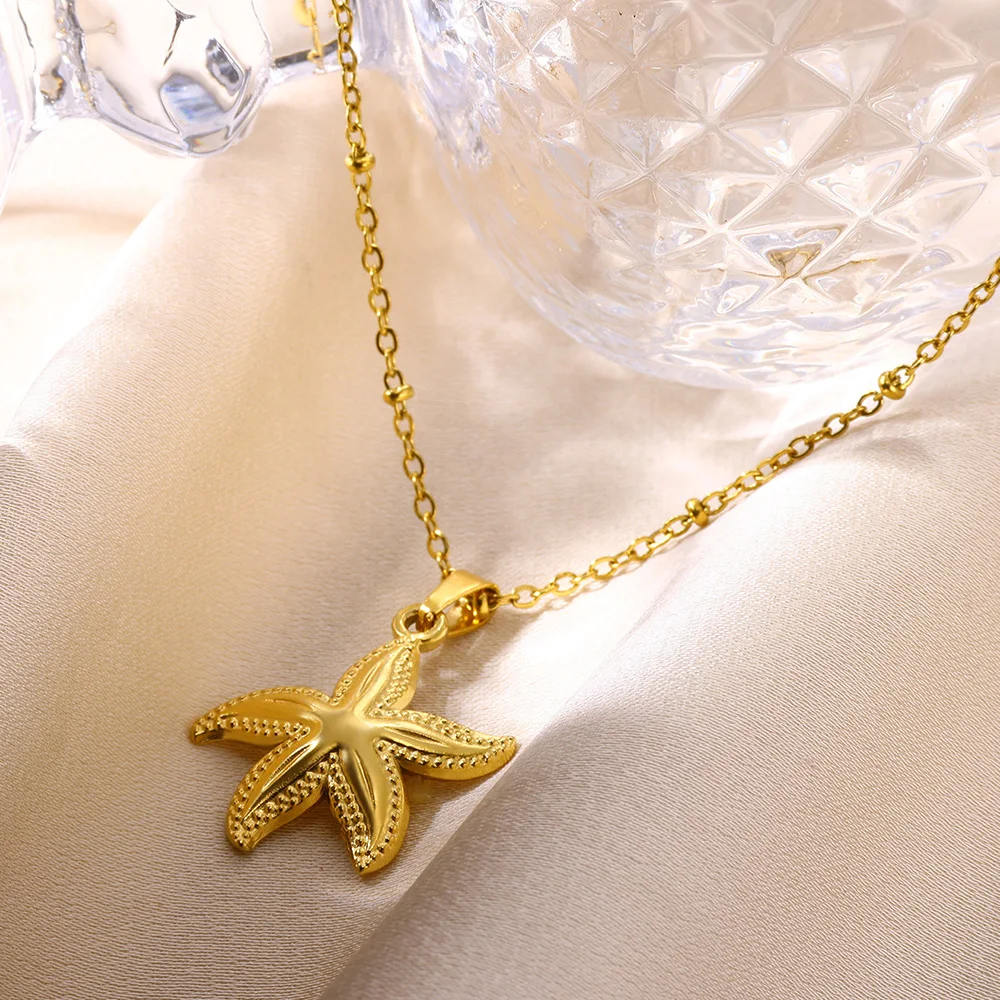 Stainless Steel Starfish Pendant Necklace for Women Girls Fashion Gold Color Waterproof Summer Party Choker Charm Jewelry Gift