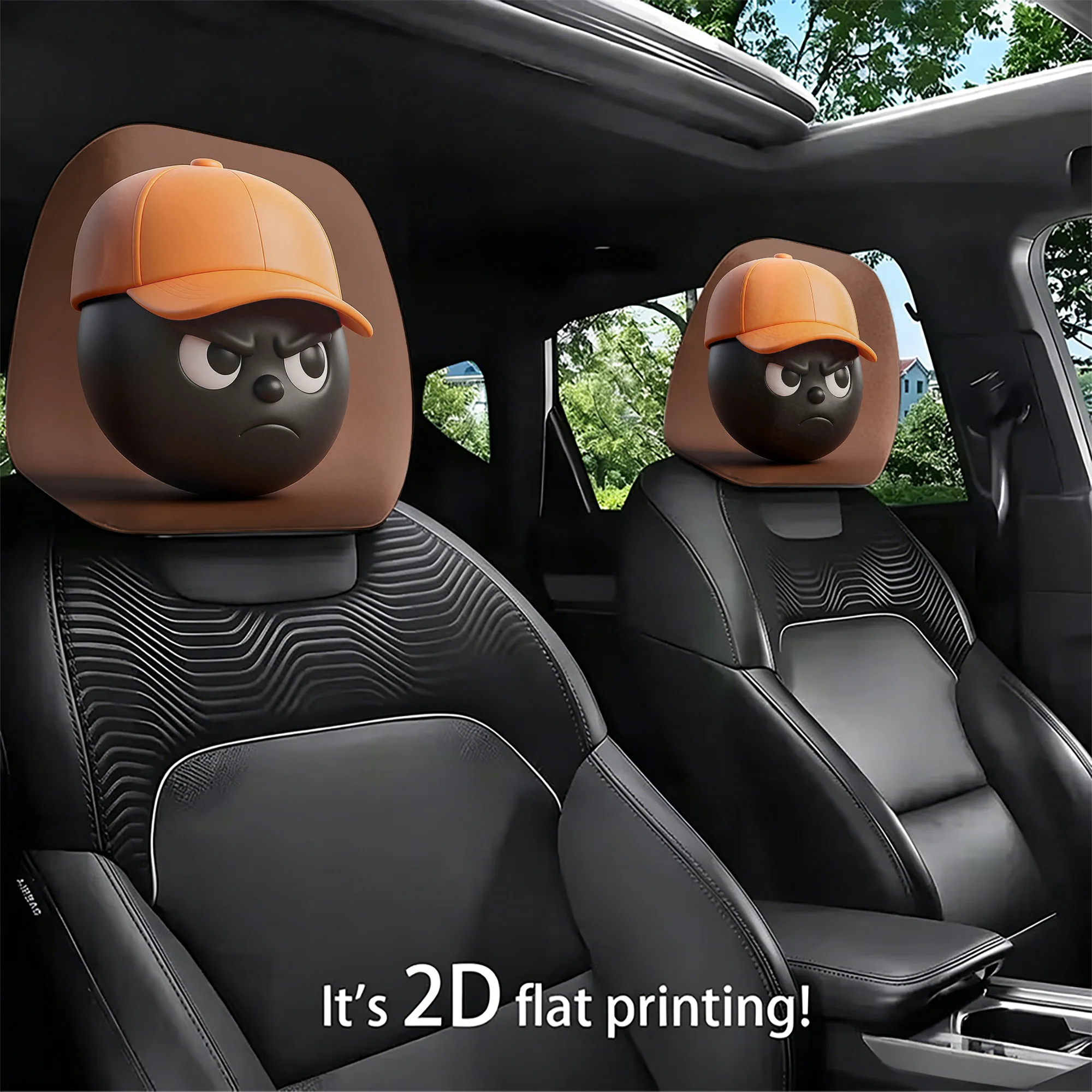 2pcs cartoon-patterned car headrest covers featuring a fun orange hat design to give your car interior more personality. Easy to