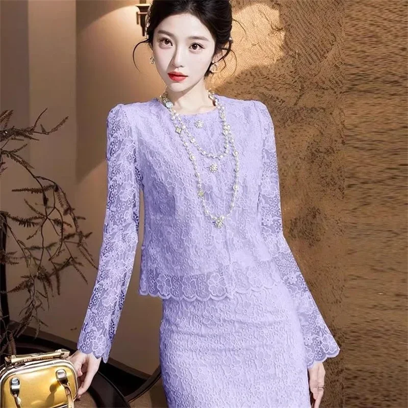 New High Quality Luxury Elegant Two Piece Set Women Floral Print Lace Embroidery O-Neck Long Sleeve Blouse + Bodycon Skirts Suit