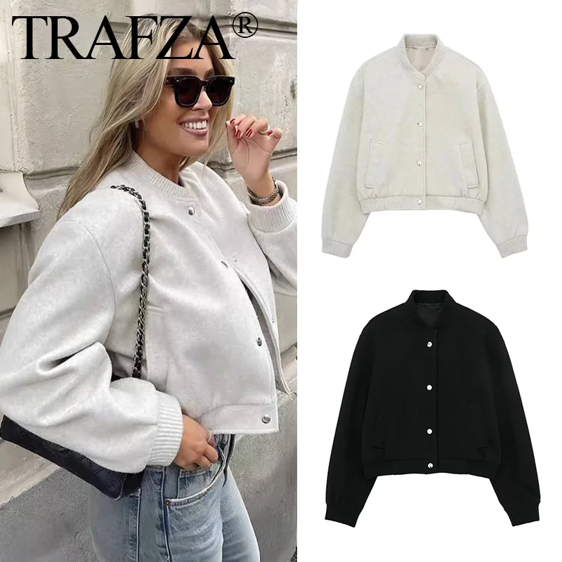 TRAFZA 2024 Women\'s Fashion Vinatage Jacket Solid Black Long Sleeve With Pockets Coat Chic Tops Autumn Cotton Outwear Casual