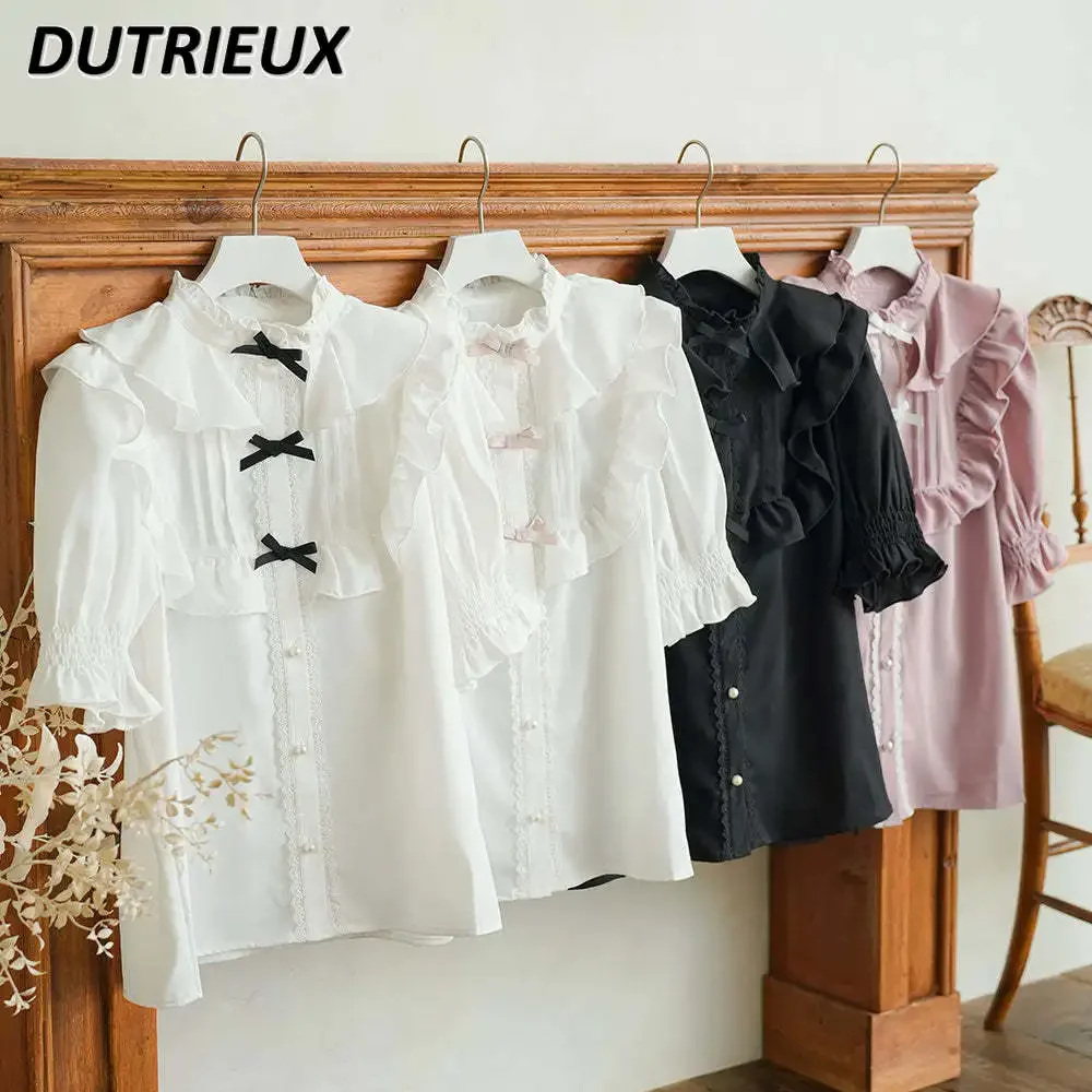 Japanese Style New Exquisite Short Sleeve Sweet Shirt Solid Color Retro Heavy Industry Wooden Ear Bow Stand Collar Lolita Tops