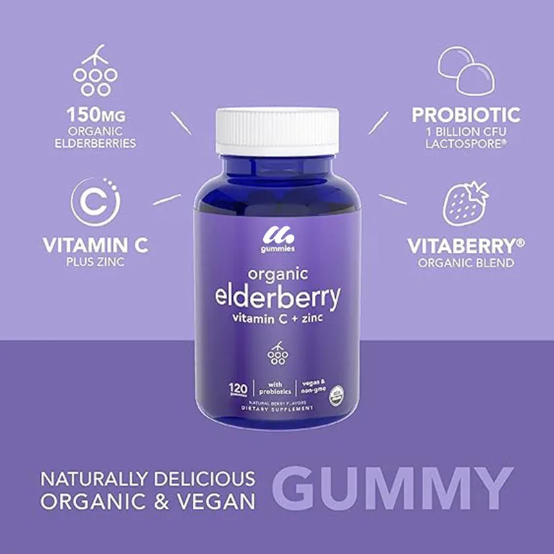 Elderberry gummies with concentrated vitamin C, zinc, and probiotics, certified vegetarian and non GMO (60 gummies)