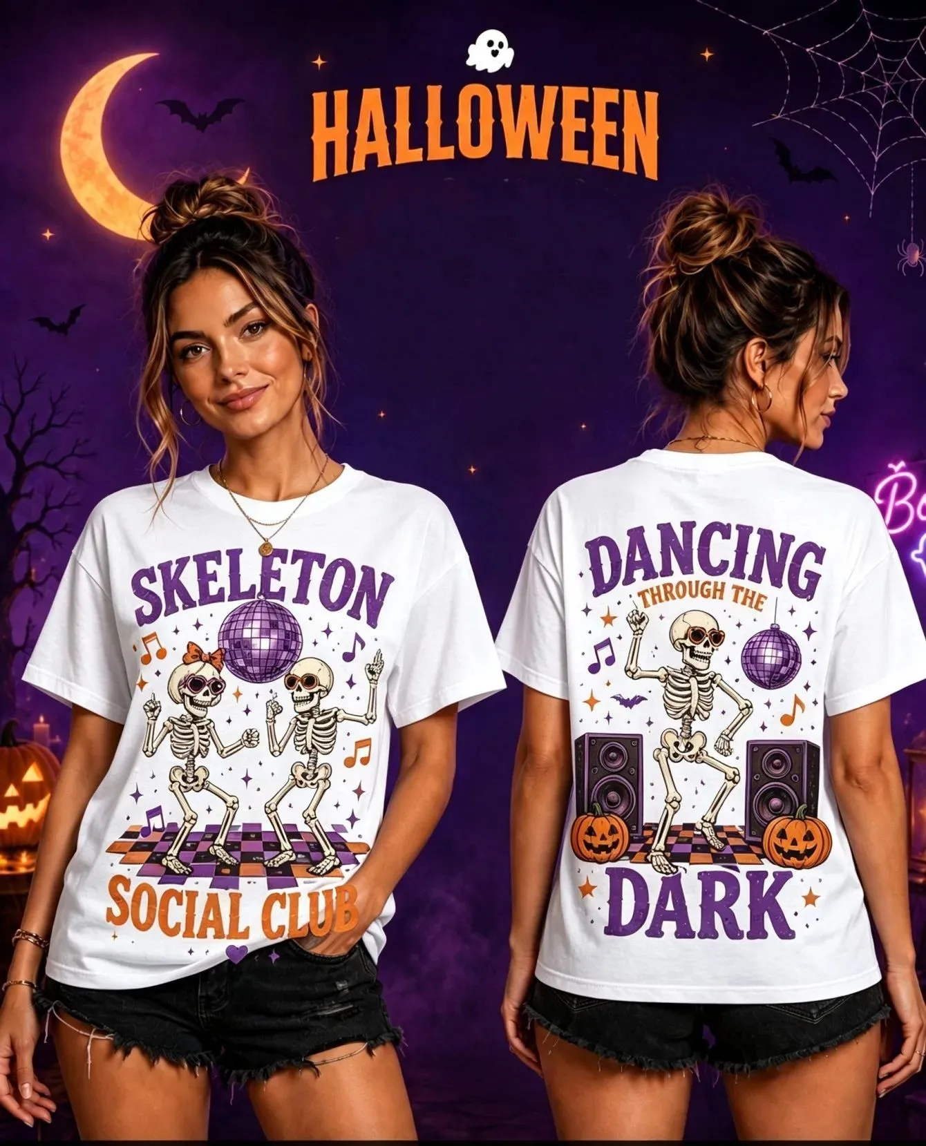 Party T Shirts Halloween Skeleton Dance Disco Ball Pumpkin Speaker Printed Women's Round Neck Loose Short Sleeve T-shirt