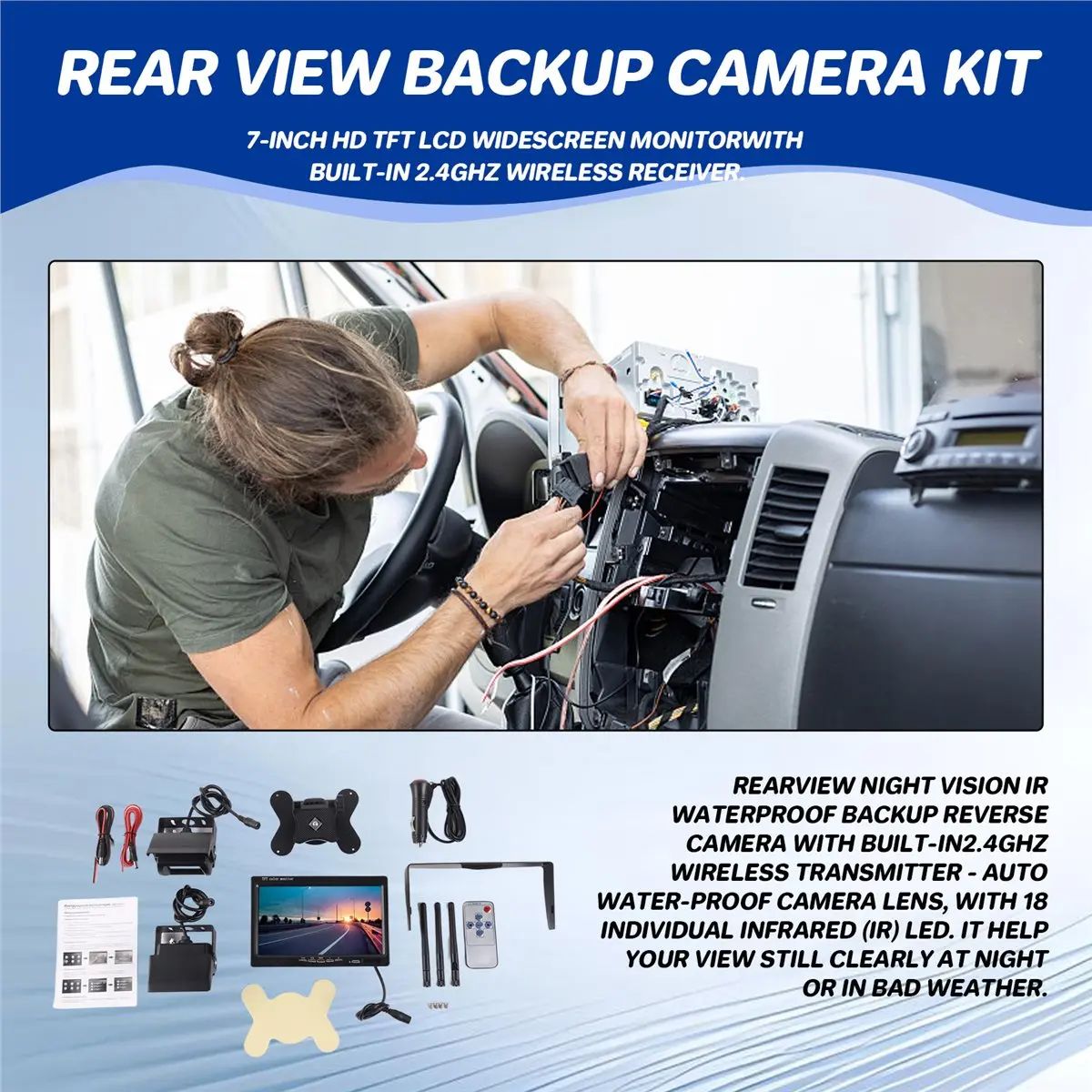 B21B 7InWireless Monitor Waterproof Vehicle 2 Backup Camera Kit TFT LCD Monitor Parking Assistance for Bus Houseboat Truck RV