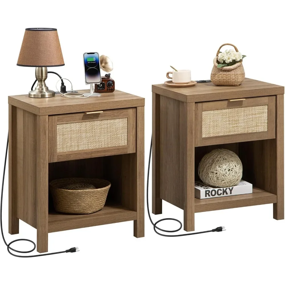 

Rattan Nightstand Farmhouse Night Stands with Charging Station Bedside Table with Drawer Boho End Table with