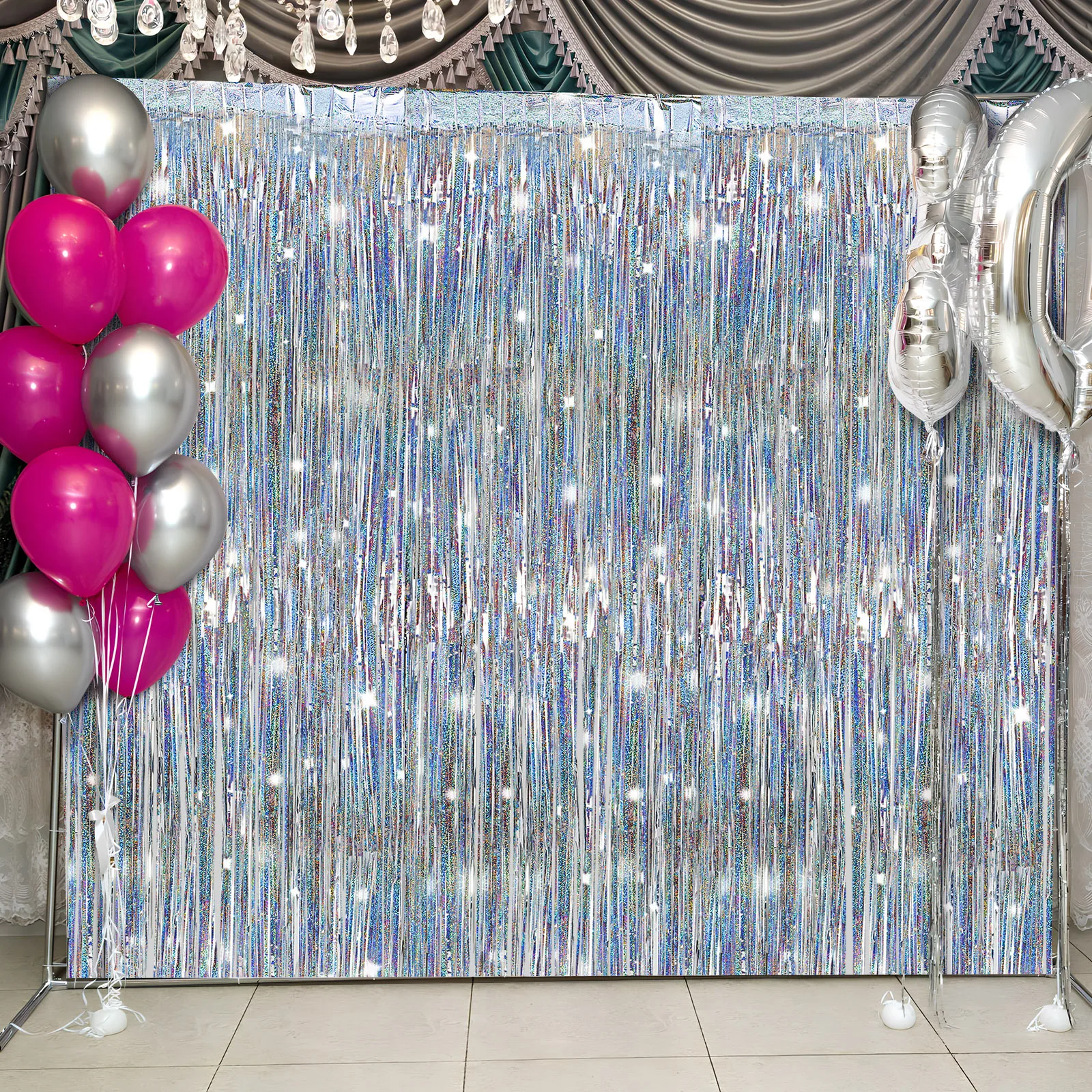 

4 pcs Flashing Curtain Streamers Silver Fringe Backdrop Party Decorations Birthday Wedding Event Tassel Background Curtains