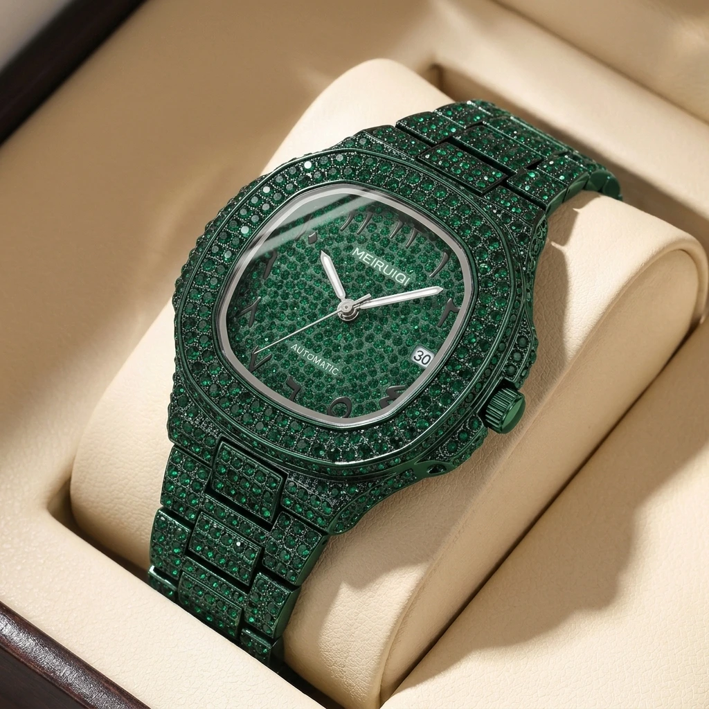 

1pcs Green Full Inlaid Square Watch Automatic Mechanical Design Fashionable Personality Trendy Versatile Shiny