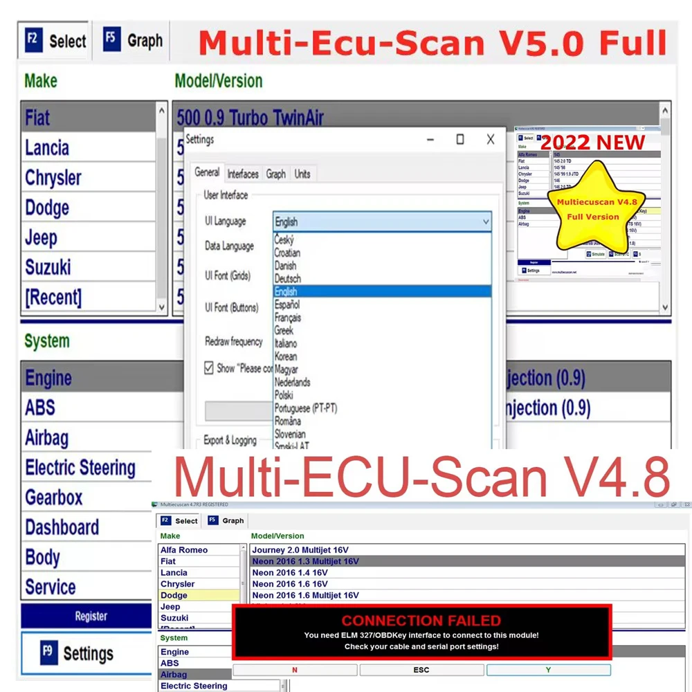 Auto Repair Software For Fiat Connector MultiEcuScan 4.8 Register Work With ELM327 MultiEcuScan V5.0 For OBD2 Diagnostic Tools