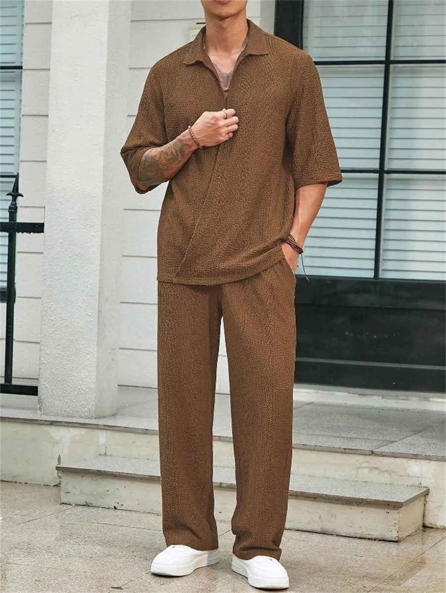 Designer Men Pants Set Summer Short Sleeve Shirt and Long Pants Suit Men\'s Irregular 2 Piece Sets Mens Loose Solid Color Outfits