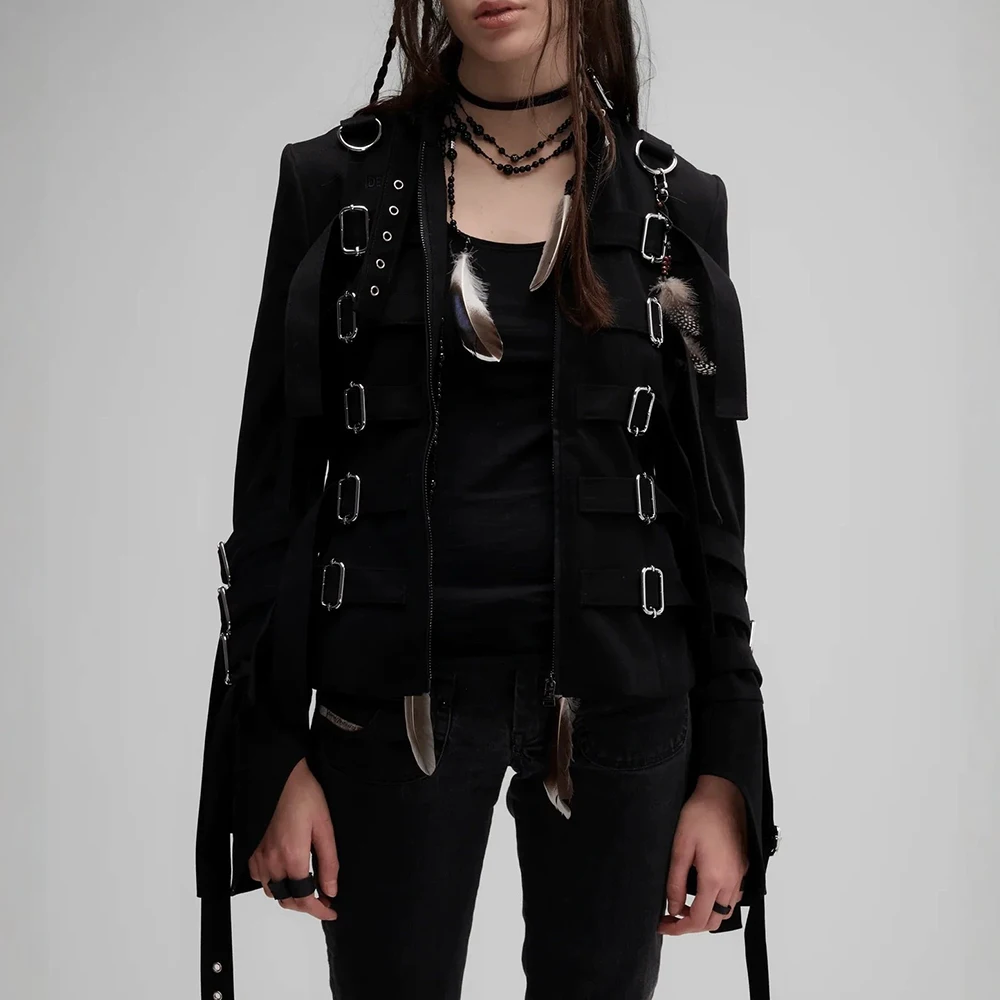New autumn and winter gothic style metal buckle design fashionable slim-fitting strappy jacket