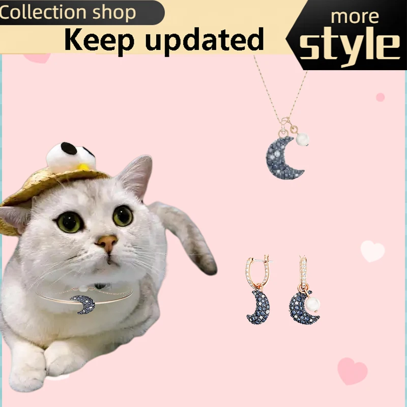 

2025 Cat Accessories New Austrian crystal jewelry set Blue Zircon Moon Pearl necklace elegant luxury girl birthday surprise gift