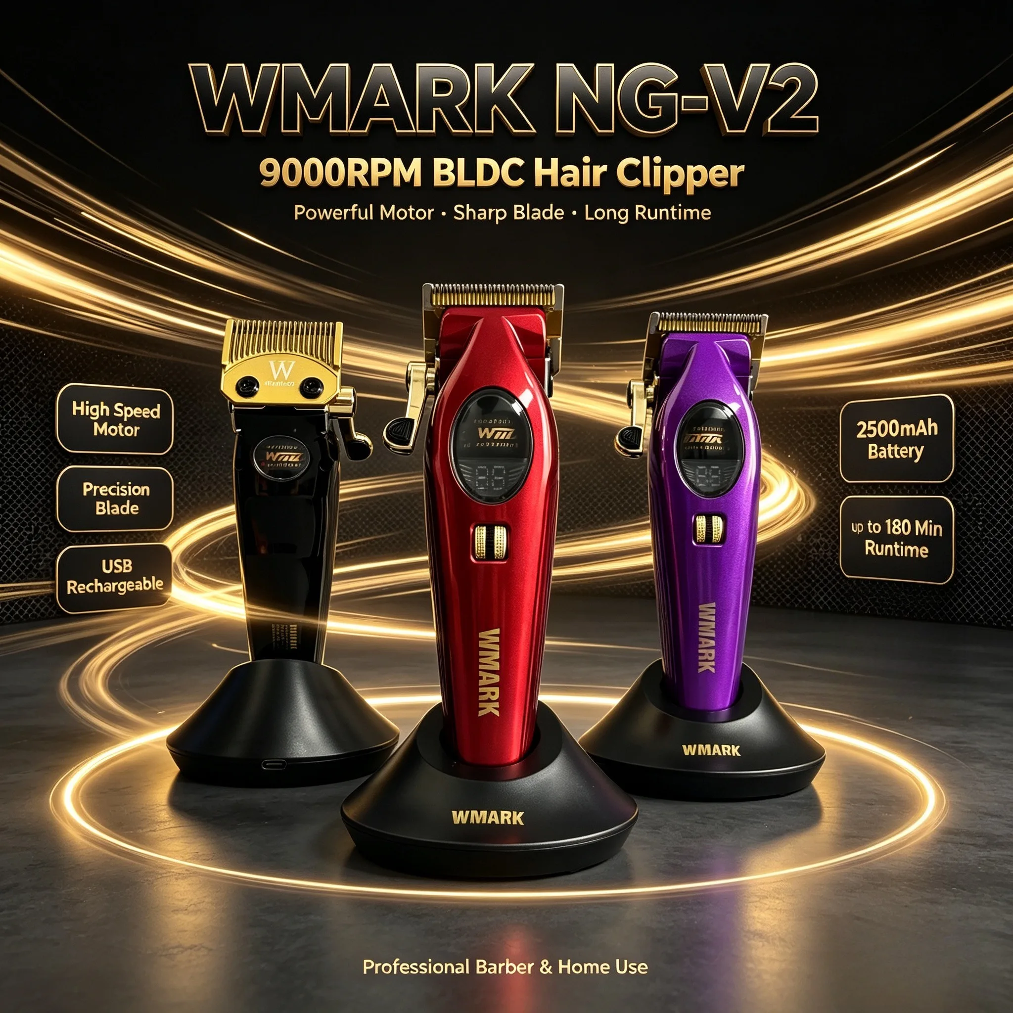 WMARK NG-V2 Professional Hair Clipper All Aluminum Body Outer Rotor 7000-9000RPM Electric Hair Trimmer with Left-hand Lever