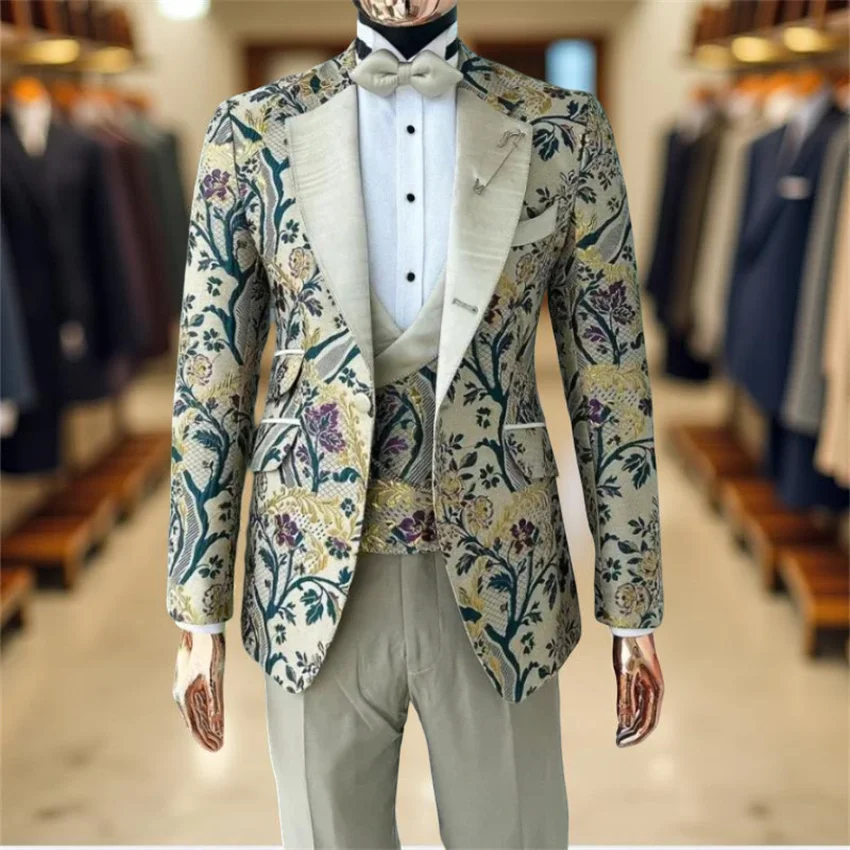 

Floral Wedding Men Suits for Prom Party 3 Pcs Jacquard Groom Tuxedo Slim Fit Male Fashion Costume Custom Made Jacket Vest Pants