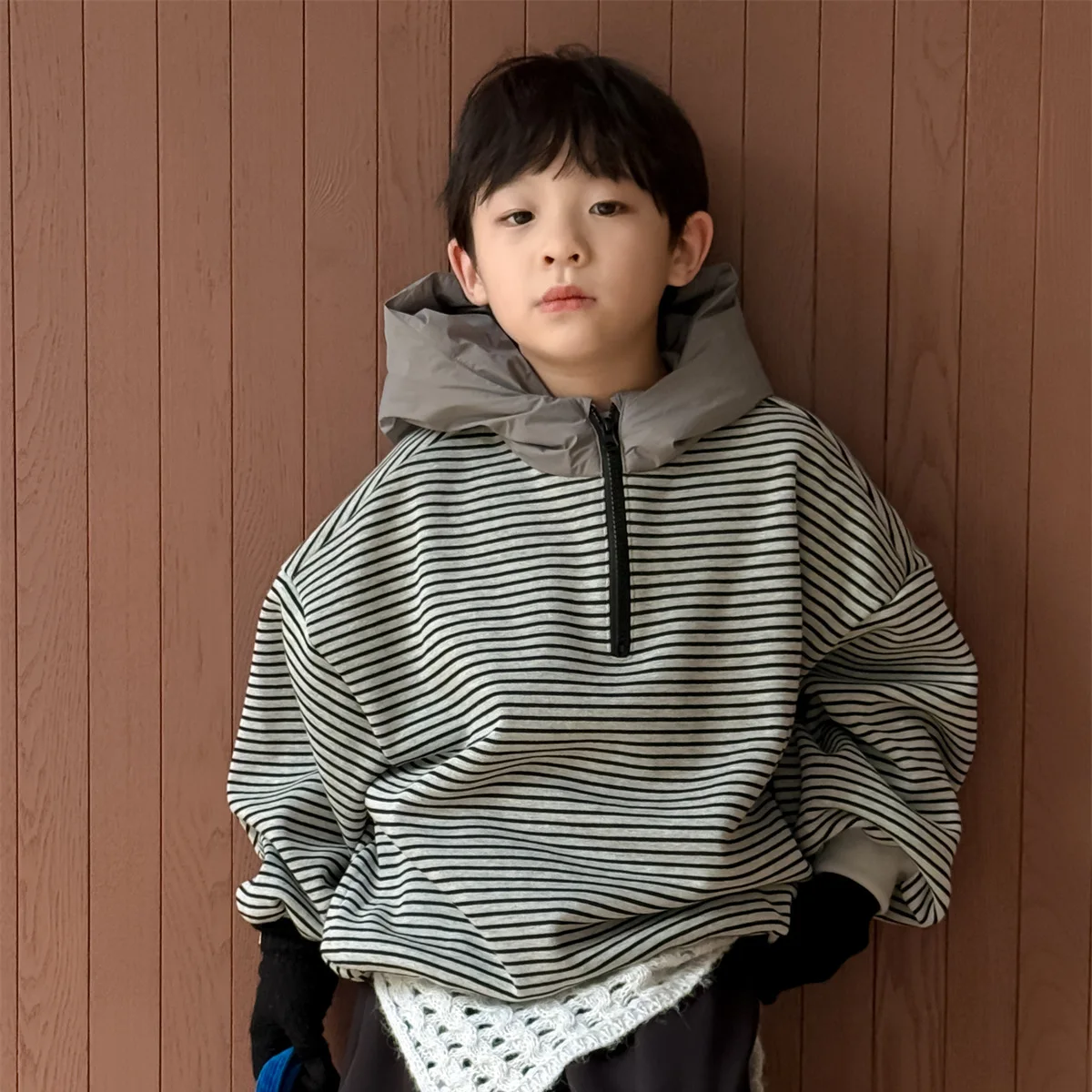

2025 Autumn/Winter New Korean Edition Cotton Hat Striped Hoodie Casual Hoodie Children's Clothing Boys' Hoodie