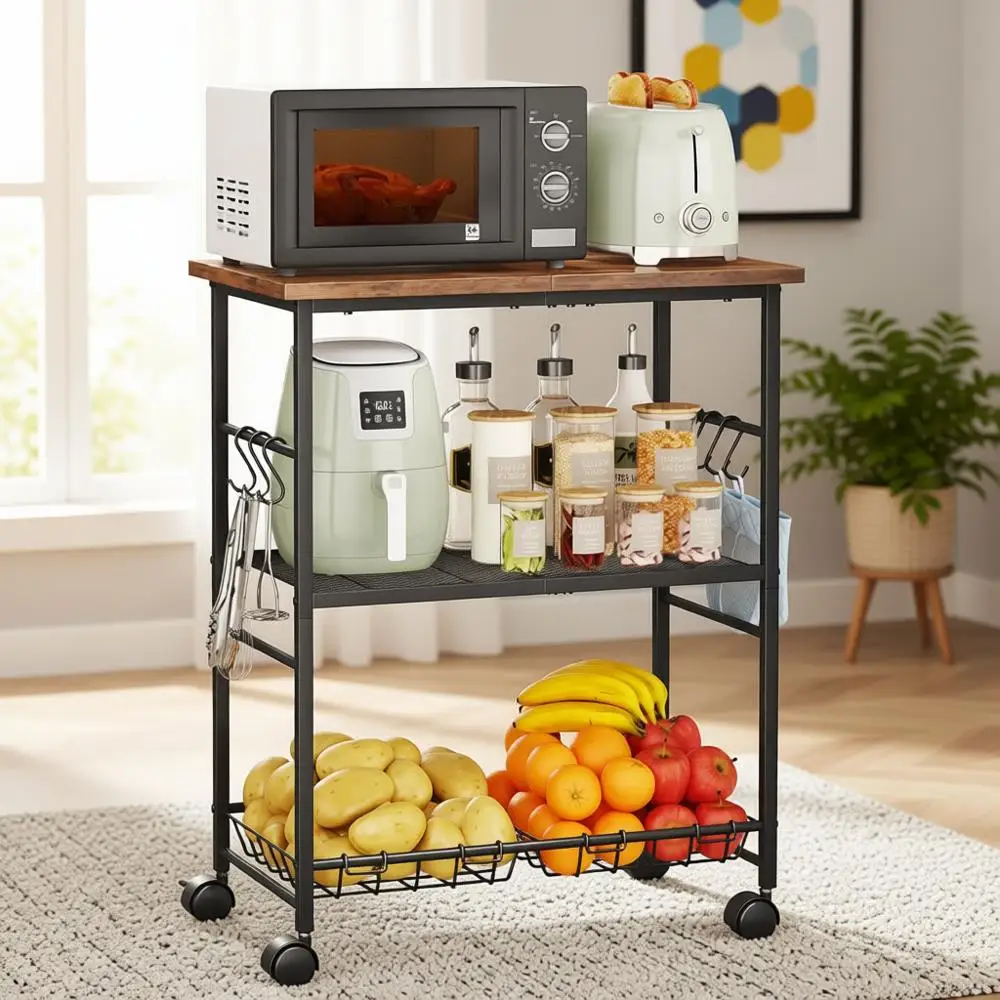 

3-Tier Microwave Cart with Storage Basket and Hooks, Mobile Kitchen Utility Stand for Coffee, Living Room, or Office