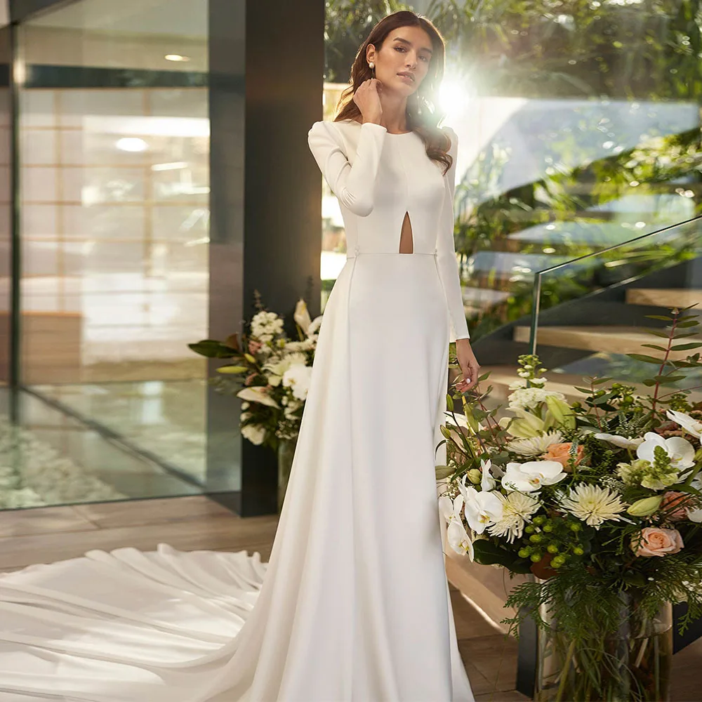 

Elegant O Neck Wedding Dresses for Women Detachable Train Mermaid Full Seleeves Wedding Gowns Long Simple Bridal Dress