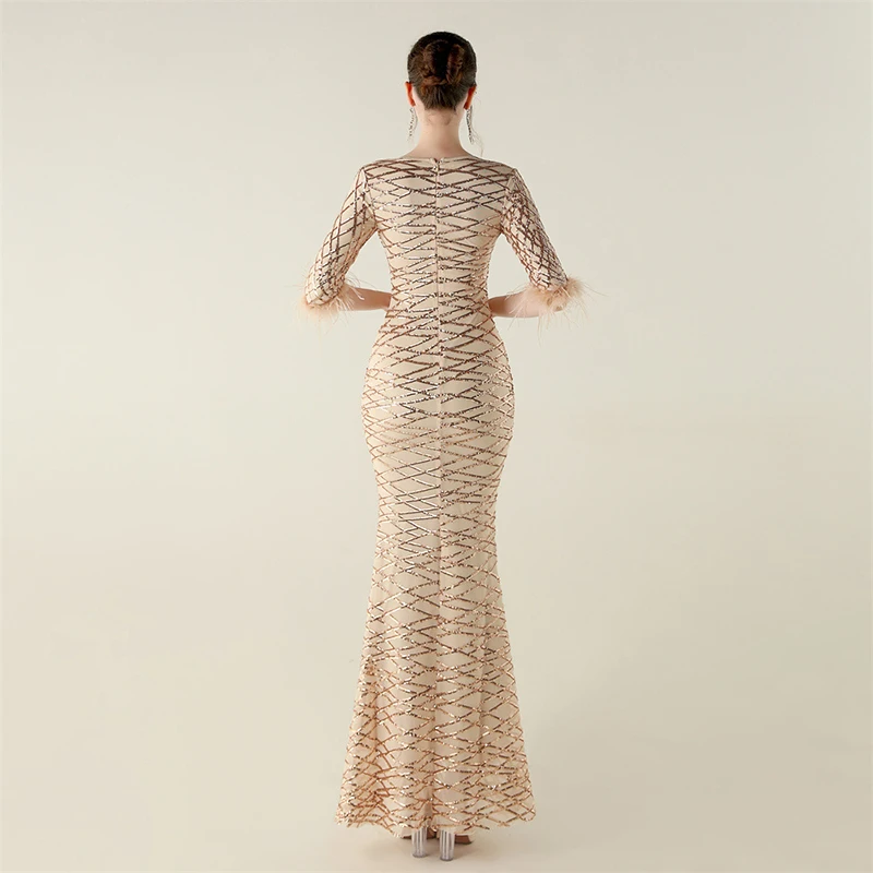 Primavera otoño mujer elegante media manga cuello redondo pluma lentejuelas cóctel graduación lujo fiesta de noche vestido largo