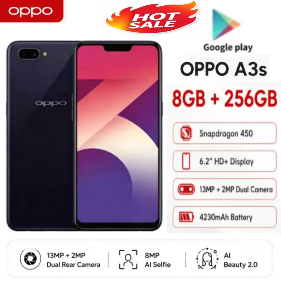 Hot Sale 2026 OPPO A3s Upgraded 5G Mobile Phone 8GB+256GB Large Storage Dual‑SIM Card 6.2'' HD+ Screen MediaTek Helio P35 Chip