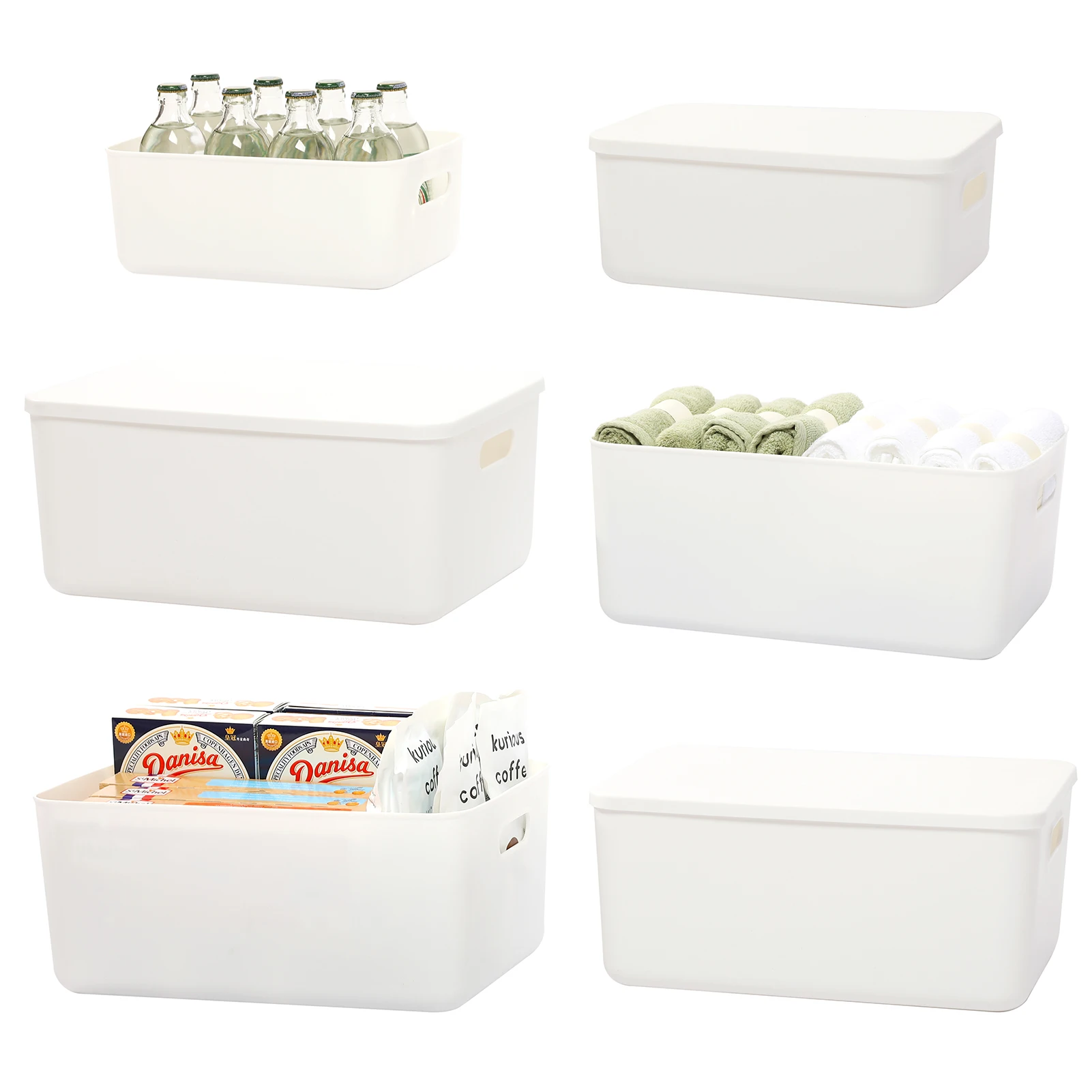 6-Pack(4 medium+2 small)Plastic Storage Baskets Bins Boxes With Lids，Organizing Container White Storage