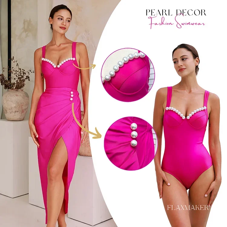 Sling Pearl Decor Pink One Piece Swimwear for Women, Vacation Dress, Beachwear, Luxury Bathing Suit, 2 Piece Swimsuit, 202