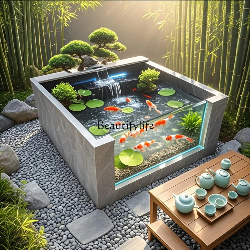Yard fish pond rock slab floor-to-ceiling koi fish tank outdoor integrated square balcony to create landscape water