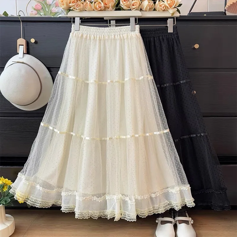 Gentle Style Fairy Lace Ruffled Mesh Polka Dot High Waist A-Line Puff Skirt for Women Spring 2025
